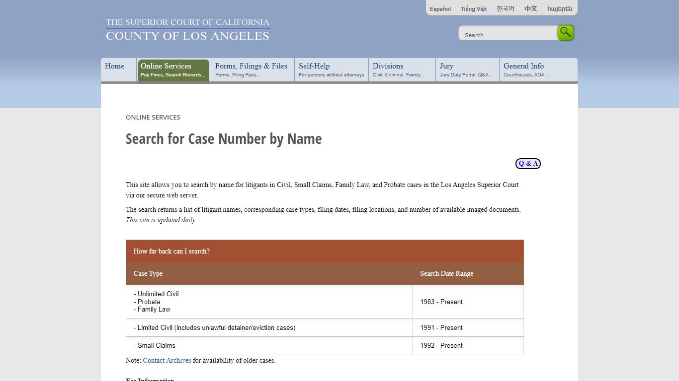 Search for Case Number by Name - Online Services - LA Court